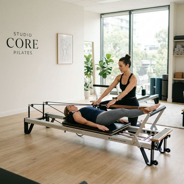 Instructor and client using a Pilates reformer together